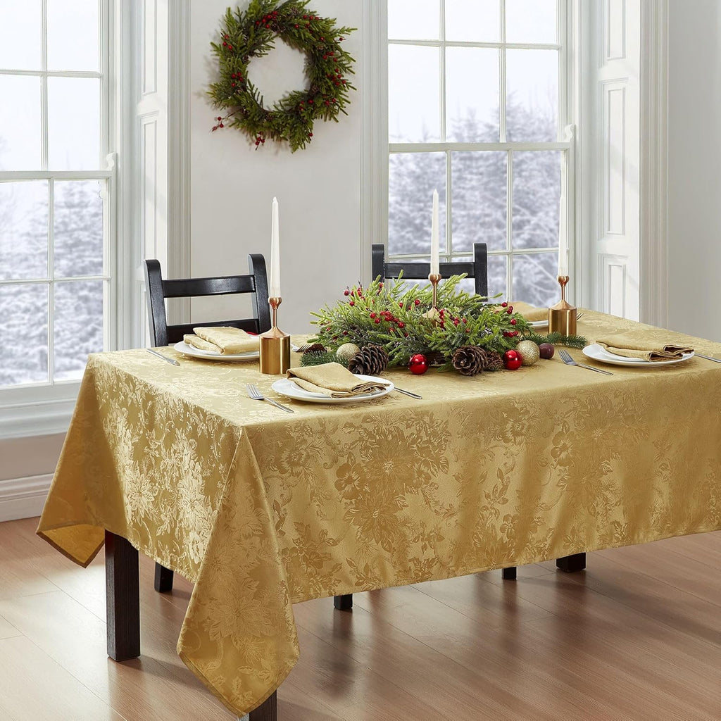 Home Fashions Poinsettia Elegance Jacquard Christmas/Holiday Wrinkle Resistant Dining Tablecloth, 60