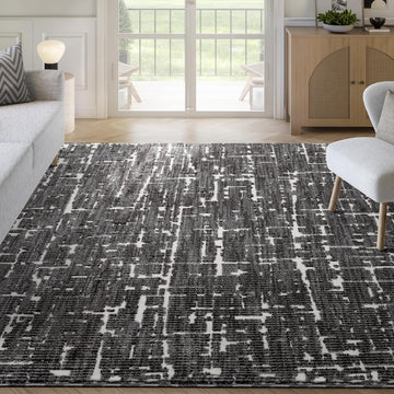Black Area Rug - Burke Collection - Abstract Striped Pattern - Easy to Clean - Durable, or Office, Pet &
