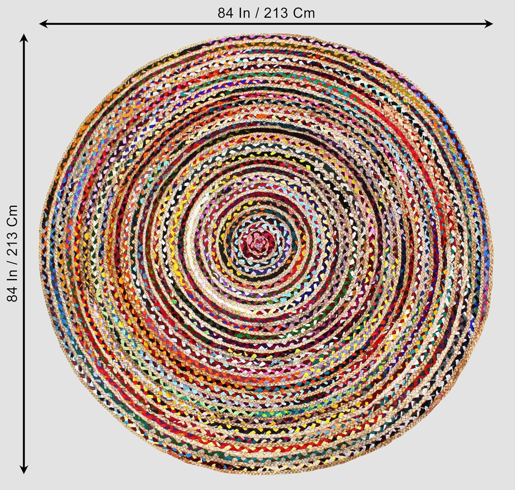 Jute Chindi Braid Rag Rug - 7 Feet Round Multi Color Area Rug | Handwoven Reversible Jute & Natural Recycled Cotton