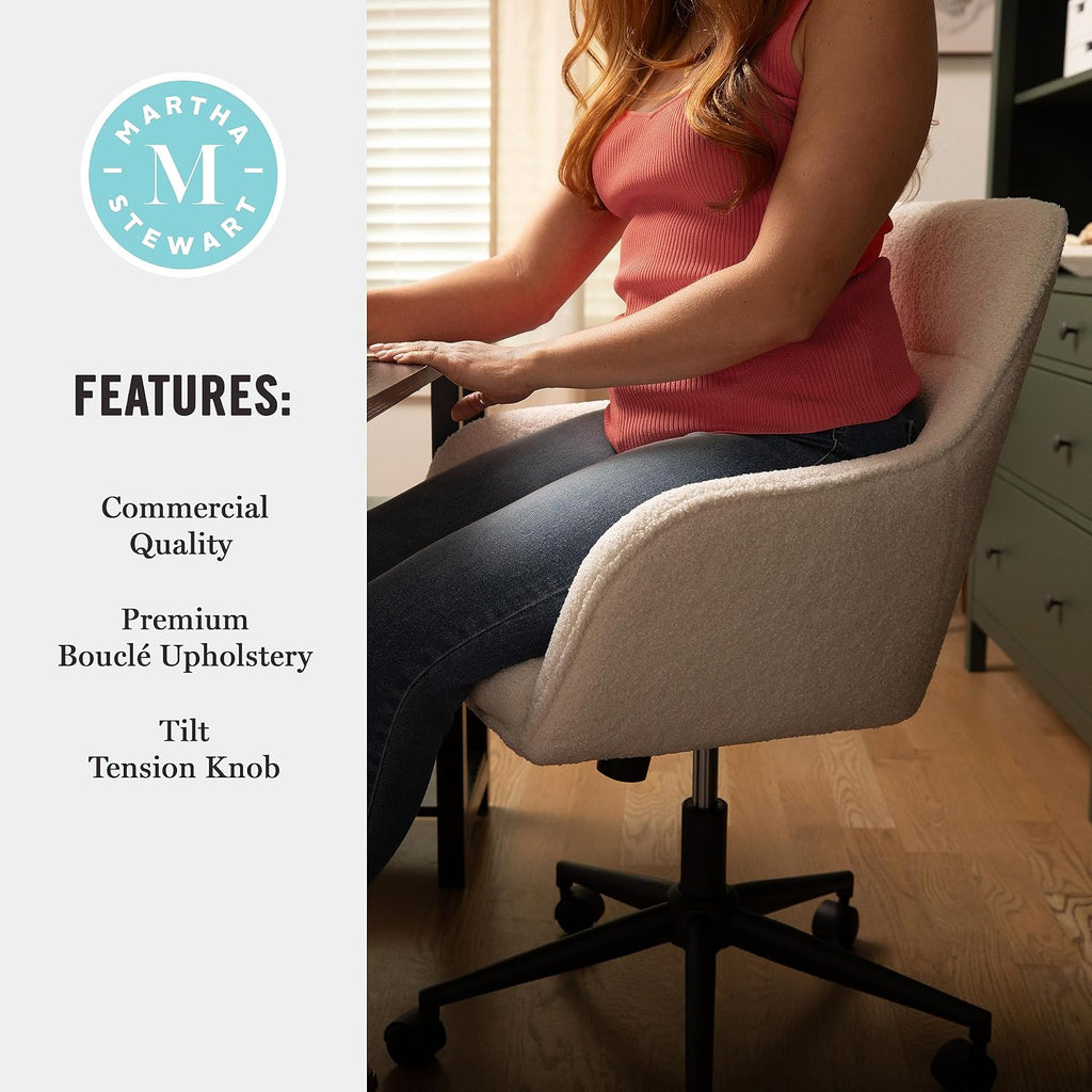 Swivel Task Chair with Flared Arms for Home Office in White Boucle with Oil Rubbed Bronze Frame