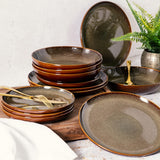 Edwina 16-Piece Double Bowl Dinnerware Set, Service for 4 - Dark Green Stoneware Plates and Bowls
