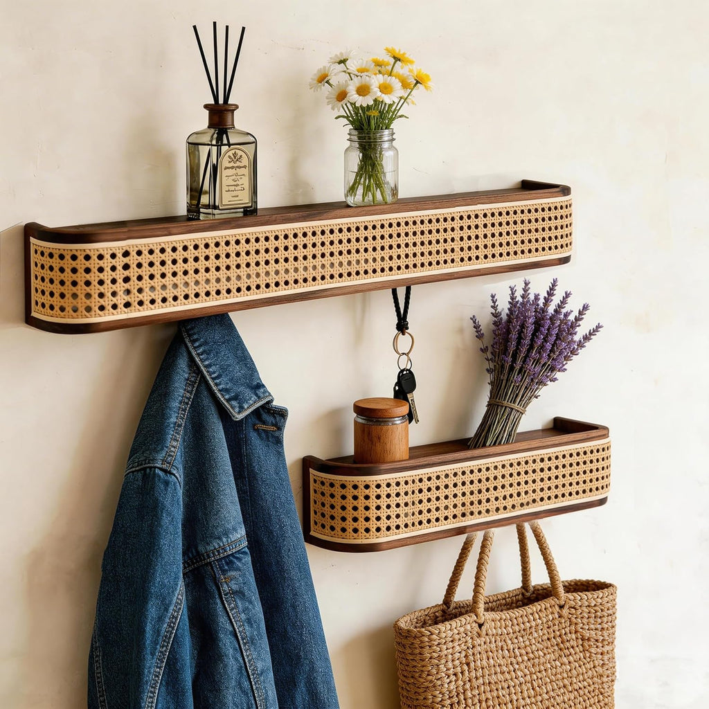 Solid North American Black Walnut Wall Coat Rack with Shelf | Modern wooden entryway wall mount coat rack with rattan