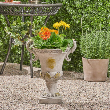 Jorine Patio Planter, Light Concrete Planter, Mid-Centry Gadern Urn, Floral Relif Design Plant Pot, Large Garden Pot