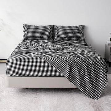 Cotton Checkered Full Size Sheets Set 3 Piece, Black Gingham Bed Sheet 100% Cotton Luxury, Breathable & Cooling