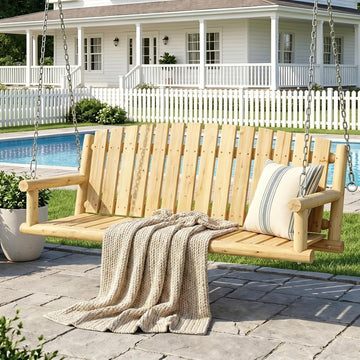 5FT Outdoor Wooden Porch Swing, 3 Person Patio Hanging Bench, Heavy Duty 900 LBS Swing Chair, Solid Fir Wood Porch