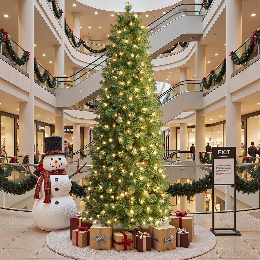 Prelit Artificial Pencil Christmas Tree 9FT & Warm White Lights