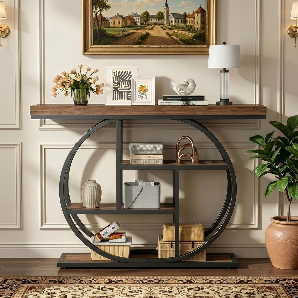 41.3" Console Table with Storage, Industrial Entryway Table, 4-Tier Shelves Sofa Table Behind Couch, Narrow Wood