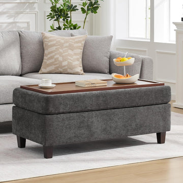 45 Inch Large Storage Ottoman Bench with Wooden Tray Coffee Table, Dark Grey Chenille Upholstered Foot Rest