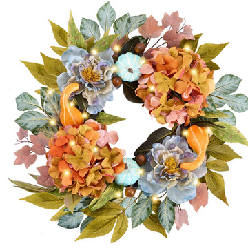 DecorbyHannah 18'' Fall Wreath for Front Door with Lights & Peony Hydrangea