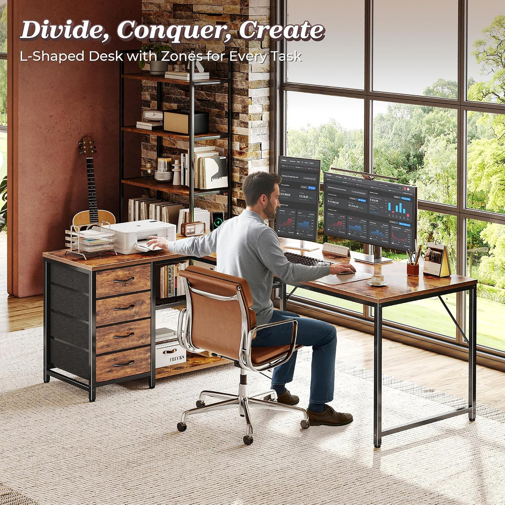 61" L Shaped Desk with Power Outlets & 4 Drawers