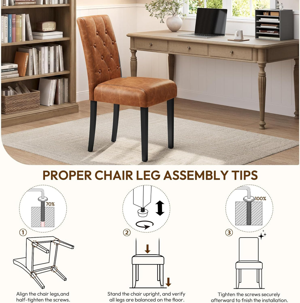 Upholstered Dining Chairs Set of 2 Modern Leather Parsons Kitchen Chairs with Button Tufted High Back and Solid Wood