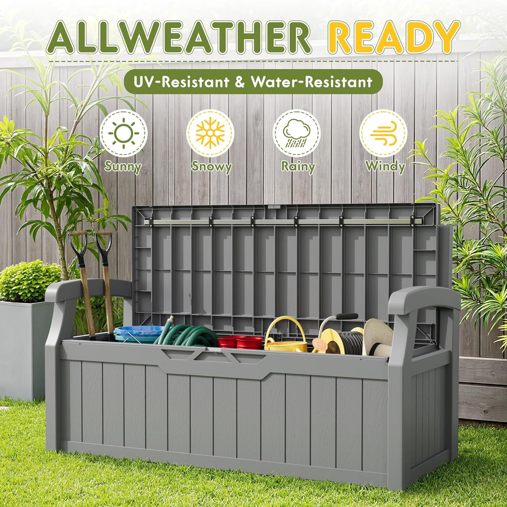 80 Gallon Storage Bench Outdoor Deck Box with Armrest, Grey | Patio Furniture,Lockable, Waterproof and UV Resistant