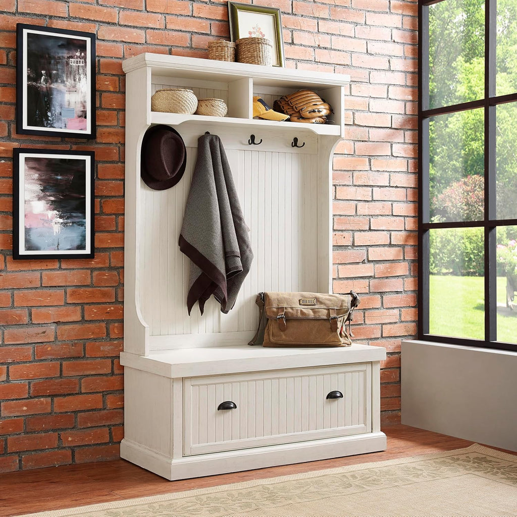 Seaside Hall Tree with Shoe Rack Bench and Coat Hooks for Hanging Storage, Distressed White