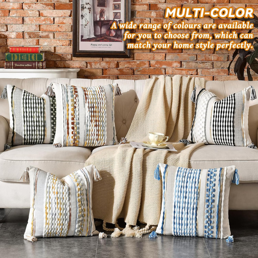 Chenille Striped Textured Boho Throw Pillow Covers Aesthetic with Tassels Woven Decorative Pillow Case