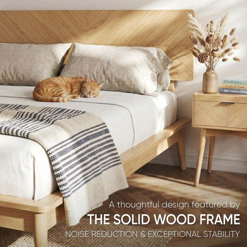 Loki Solid Wood Platform Bed King, Chevron Headboard, Light Oak