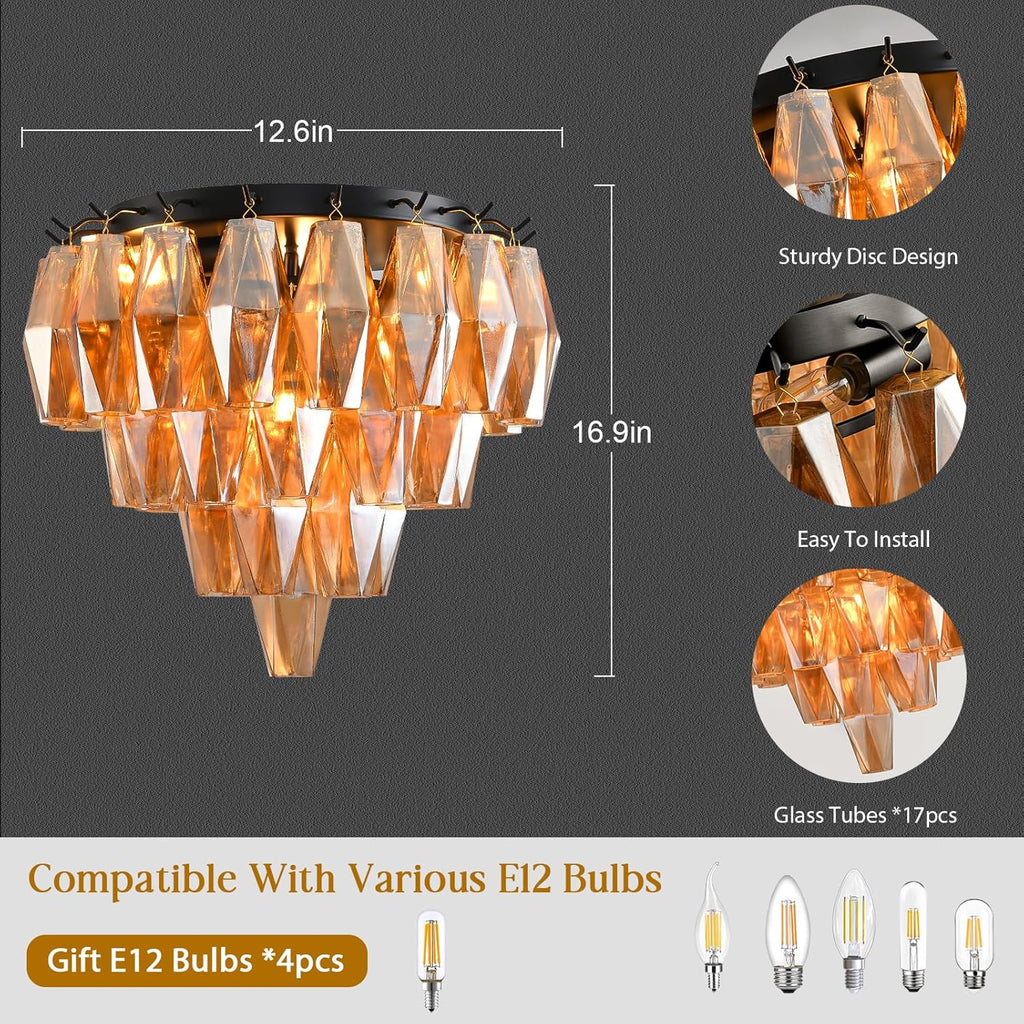 Modern Black Ceiling Light for Dining Room, Black Flush Mount Ceiling Lighting for Living Room, 4-Light Round Light Fixtures Chandelier for Bedroom, 17'' Semi Flush Mount Lights for Bathroom, Foyer