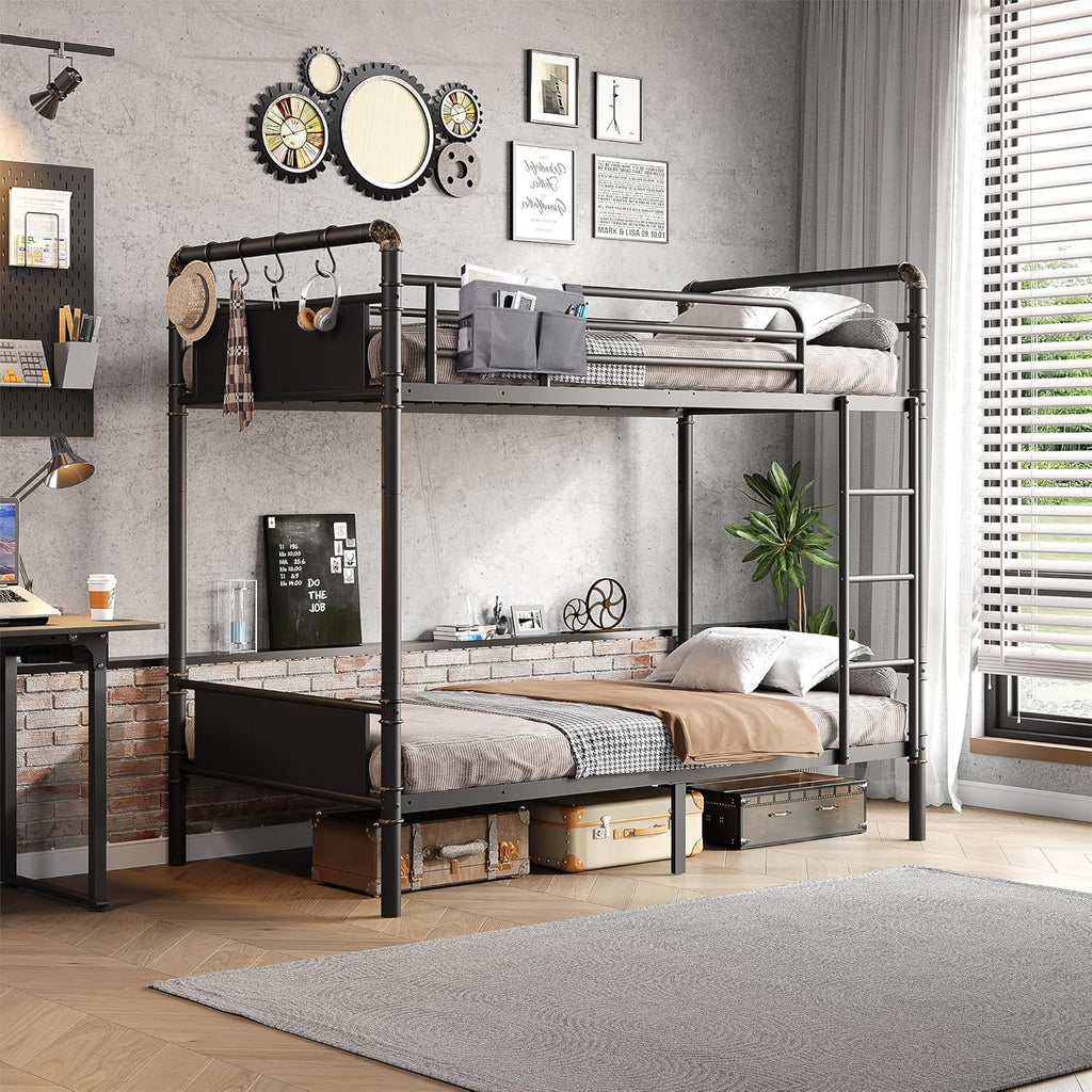 Bunk Bed Twin Over Twin, Heavy Duty Metal Bunkbeds with Ladder and Full-Length Guardrail