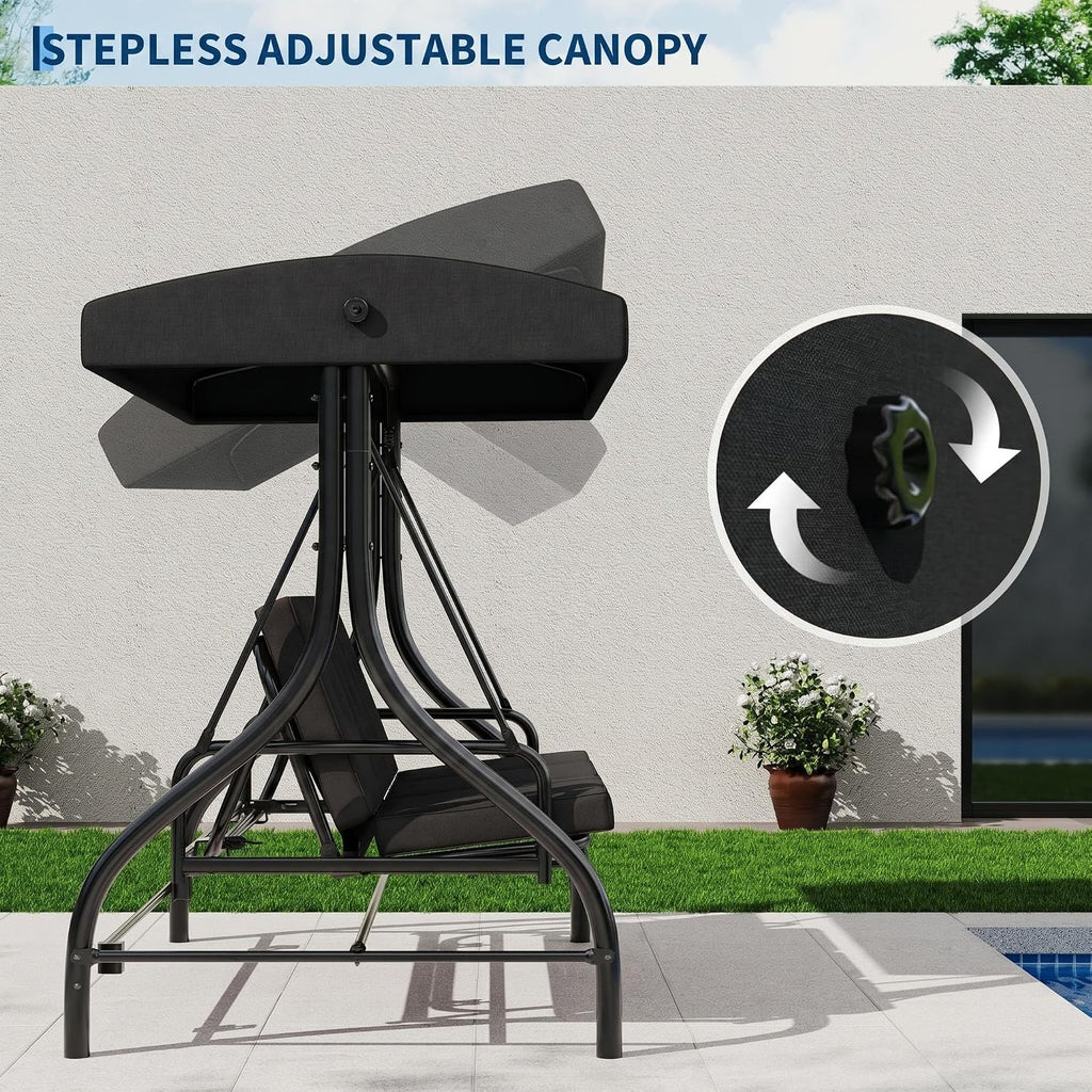 3-Seat Outdoor Porch Swing with Adjustable Canopy | Patio Swing Chair with Stand, 800 Lbs Heavy Duty Steel Frame