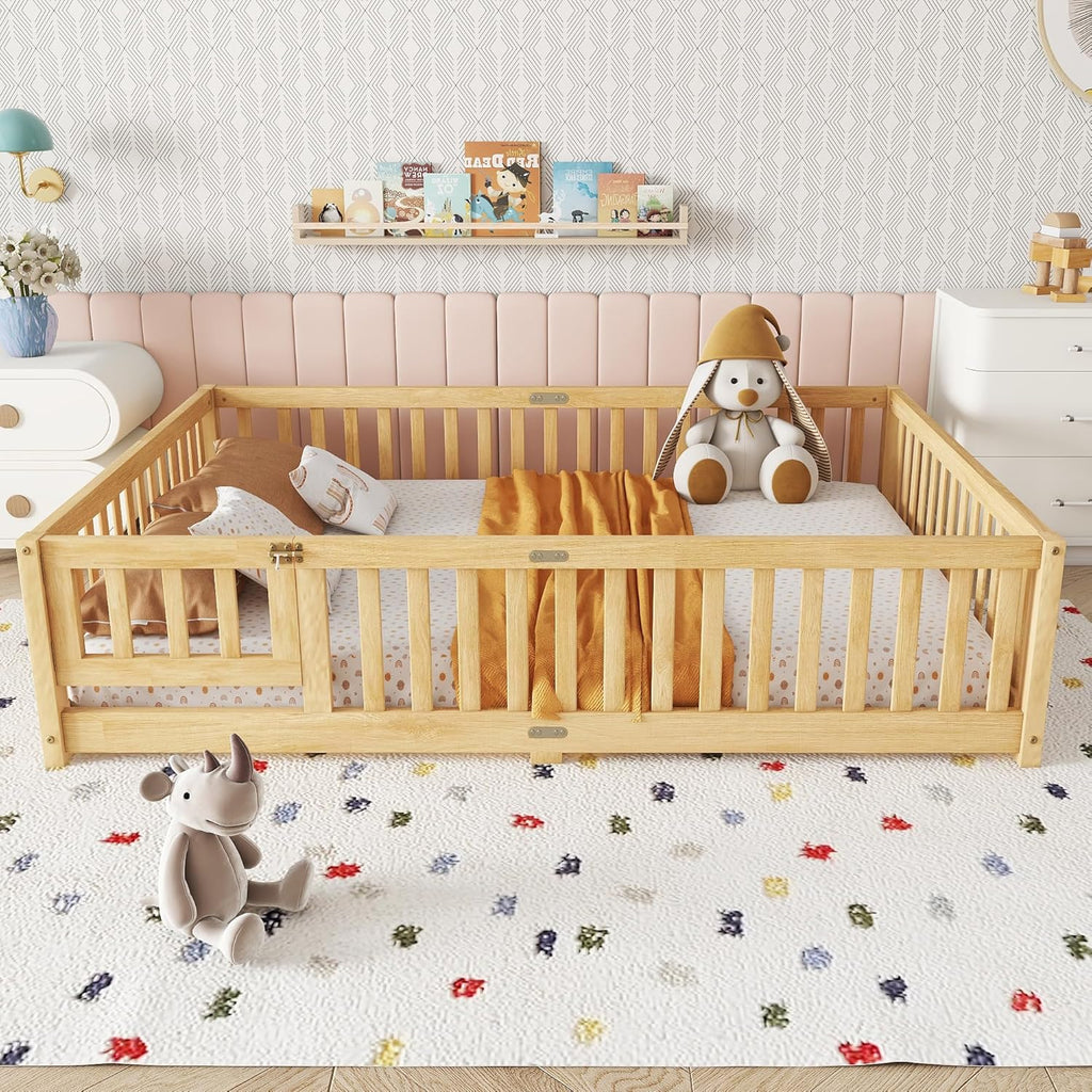 Full Size Montessori Floor Bed with Slats, Door and Guardrails, Natural | Low Profile Montessori Bed with Fence, Easy