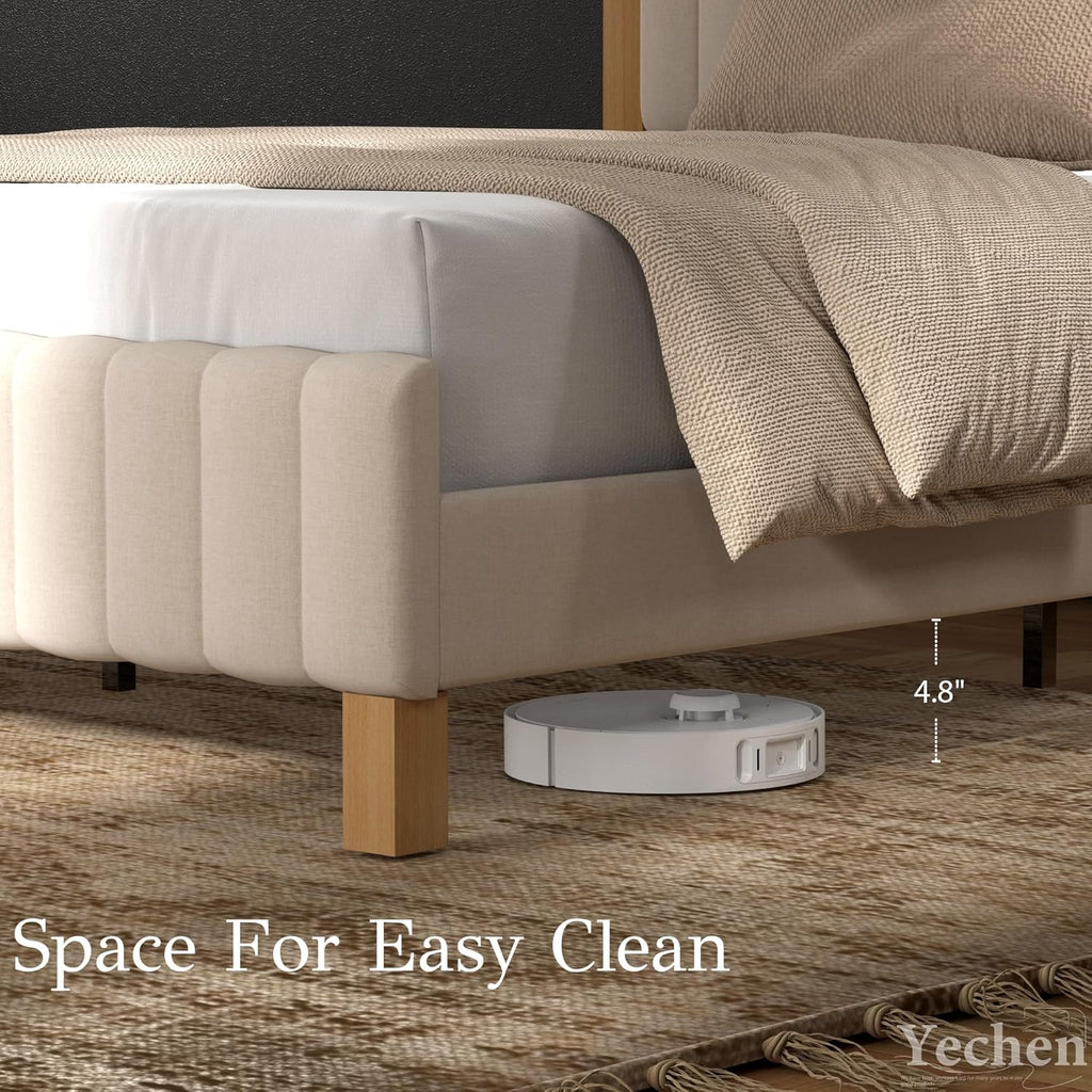 Queen Bed Frame with Headboard, Solid Wood Bed Frame Queen, Platform Bedframe Noise Free, No Box Spring Needed, Beige