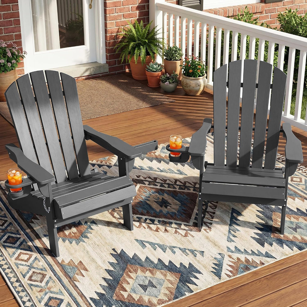 Folding Adirondack Chairs Set of 2,HDPE All-Weather Patio Chairs with Cup Holder & Phone Holder,Wooden Textured Fire