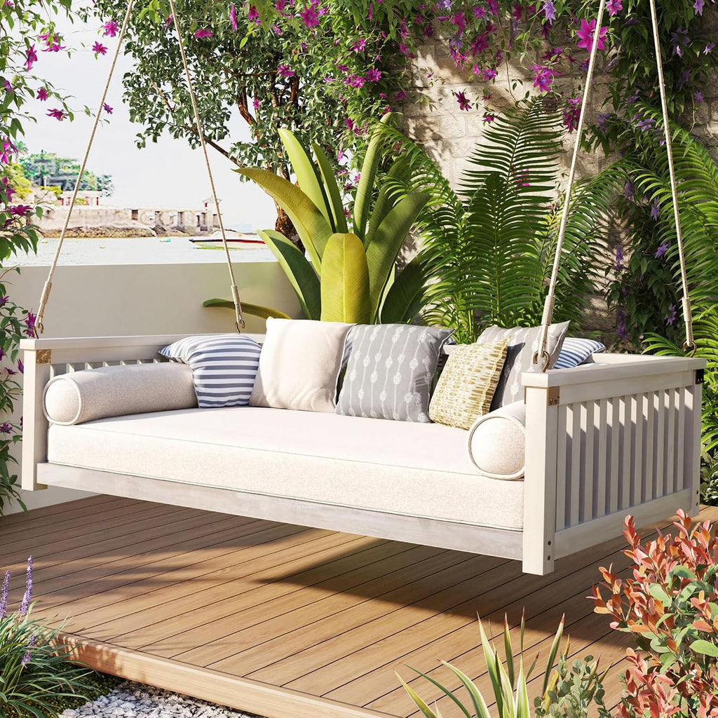 79" Acacia Solid Wood Porch Swing Bed Twin Size Hanging Daybed with Hemp Ropes, Classic Patio Backyard Outdoor Wooden
