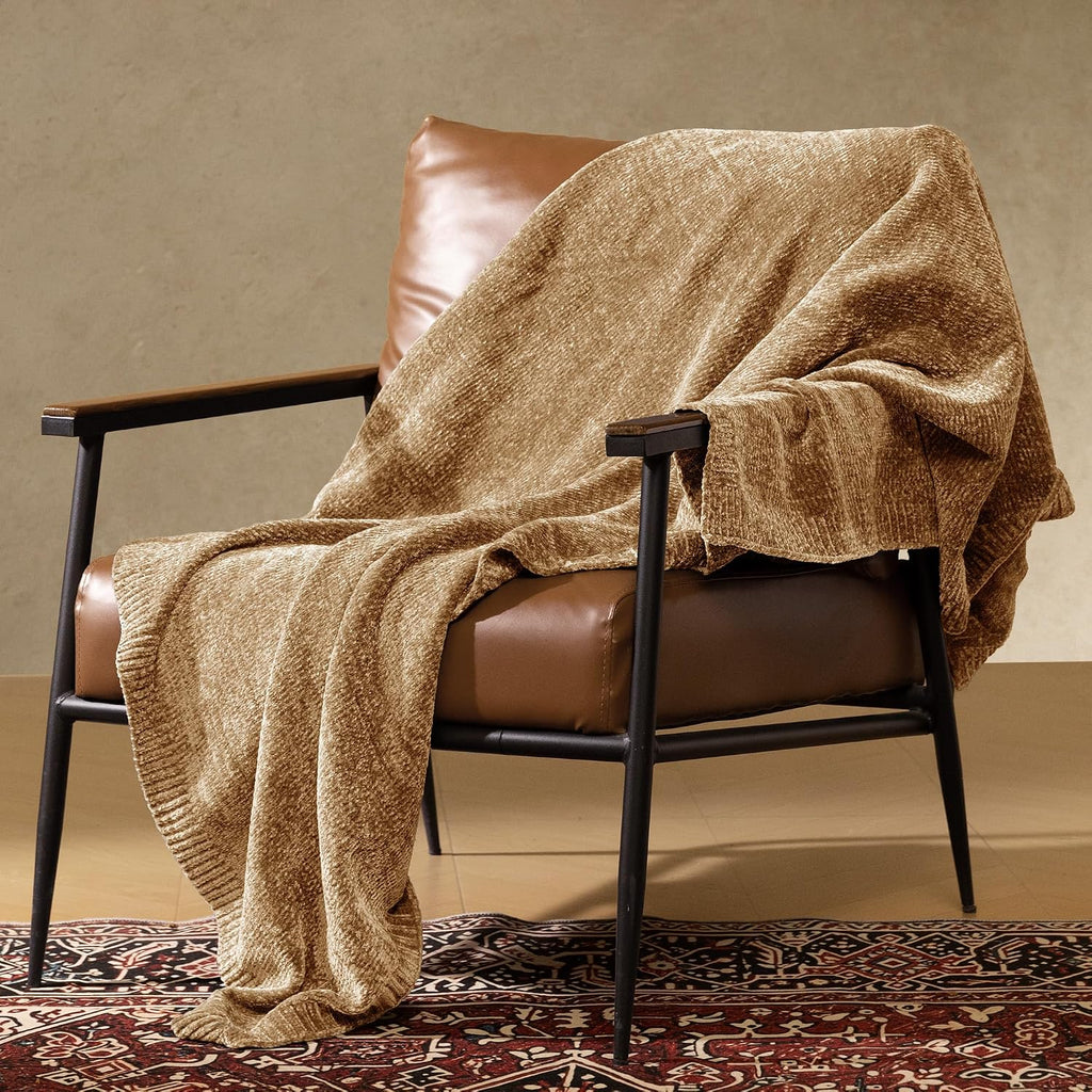 Chenille Throw Blanket, Cozy Soft Blanket Lightweight Decorative Throw, Stylish Home Decor, Ideal for Gifting, Khaki