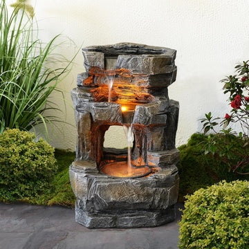 Outdoor Waterfall Fountain with LED Lights - 3-Tier Resin Rock Water Feature Patio Backyard, 21.5" Tall Fountain