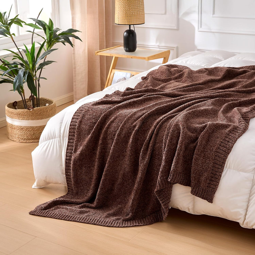 Chunky Chenille Knit Throw Blanket, Soft and Warm Lightweight Jersey, 50"×60", Brown