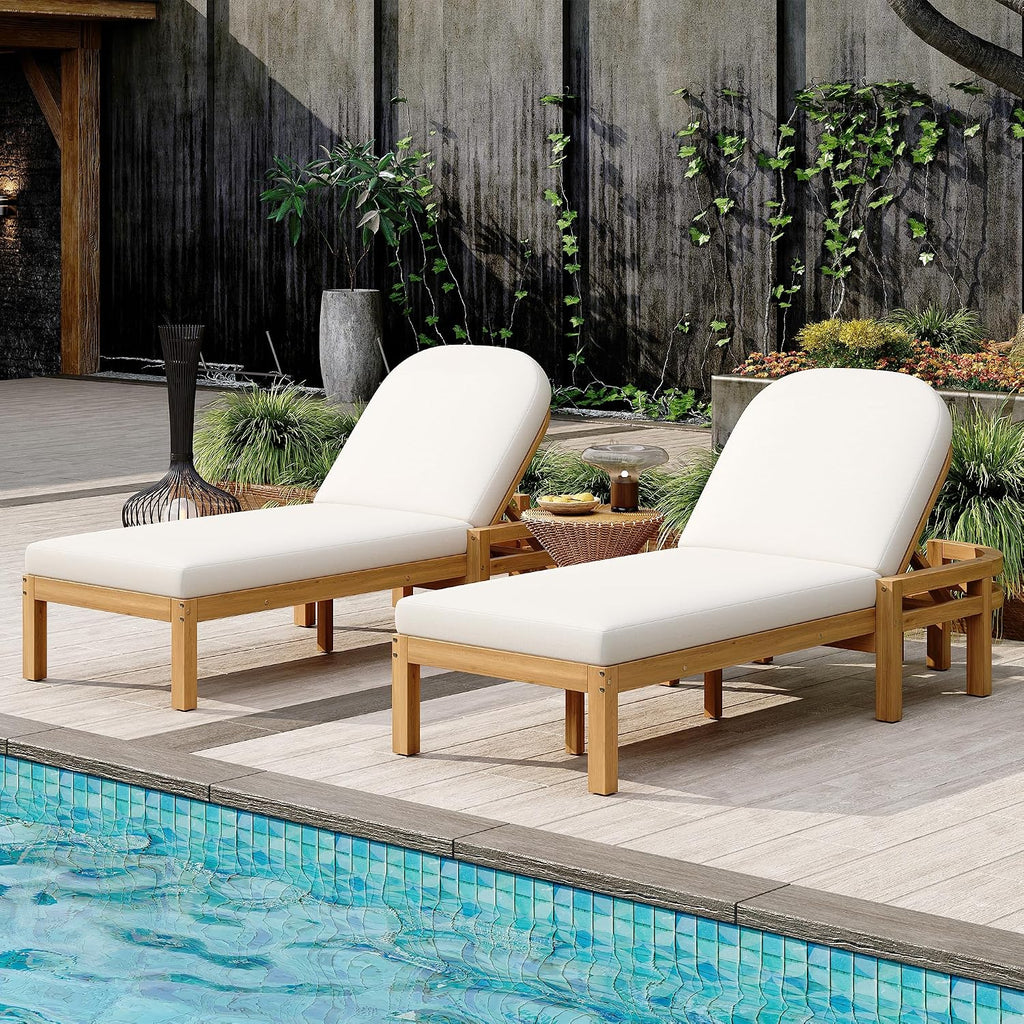 Acacia Wood Outdoor Chaise Lounge Set of 2, 5-Position Adjustable Patio Recliner with Arched Backrest & Thick