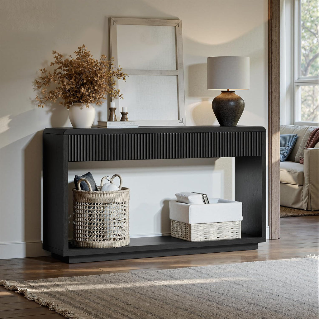 59'' Charcoal Black Entryway Table with Drawers, Fluted Console Table, Mid Century Modern Sofa Table with Storage