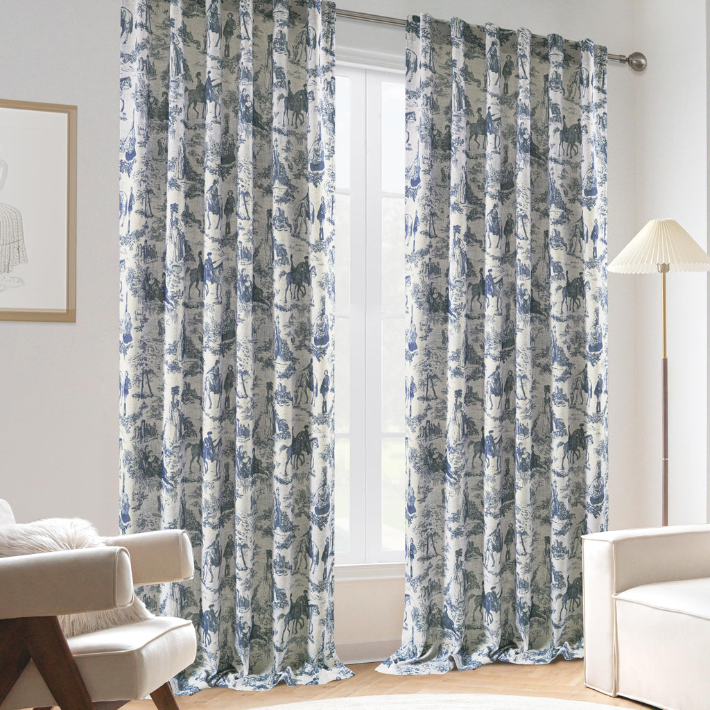 100% Blackout Curtains Toile Linen Back Tab, W52xL84, Navy