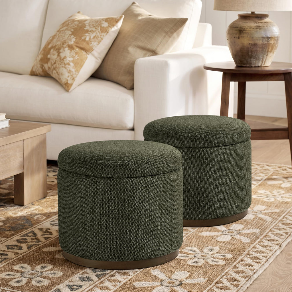 Round Storage Ottoman, 20" Boucle Ottoman Foot Rest Stool (Green)