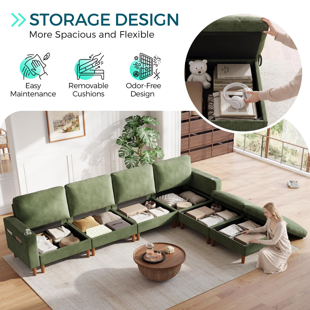 142" Modular Sectional Sofa with Storage, 4-Seat Cloud Couch with 2 Movable Ottoman & 2 Pillows, Corduroy Deep Seat