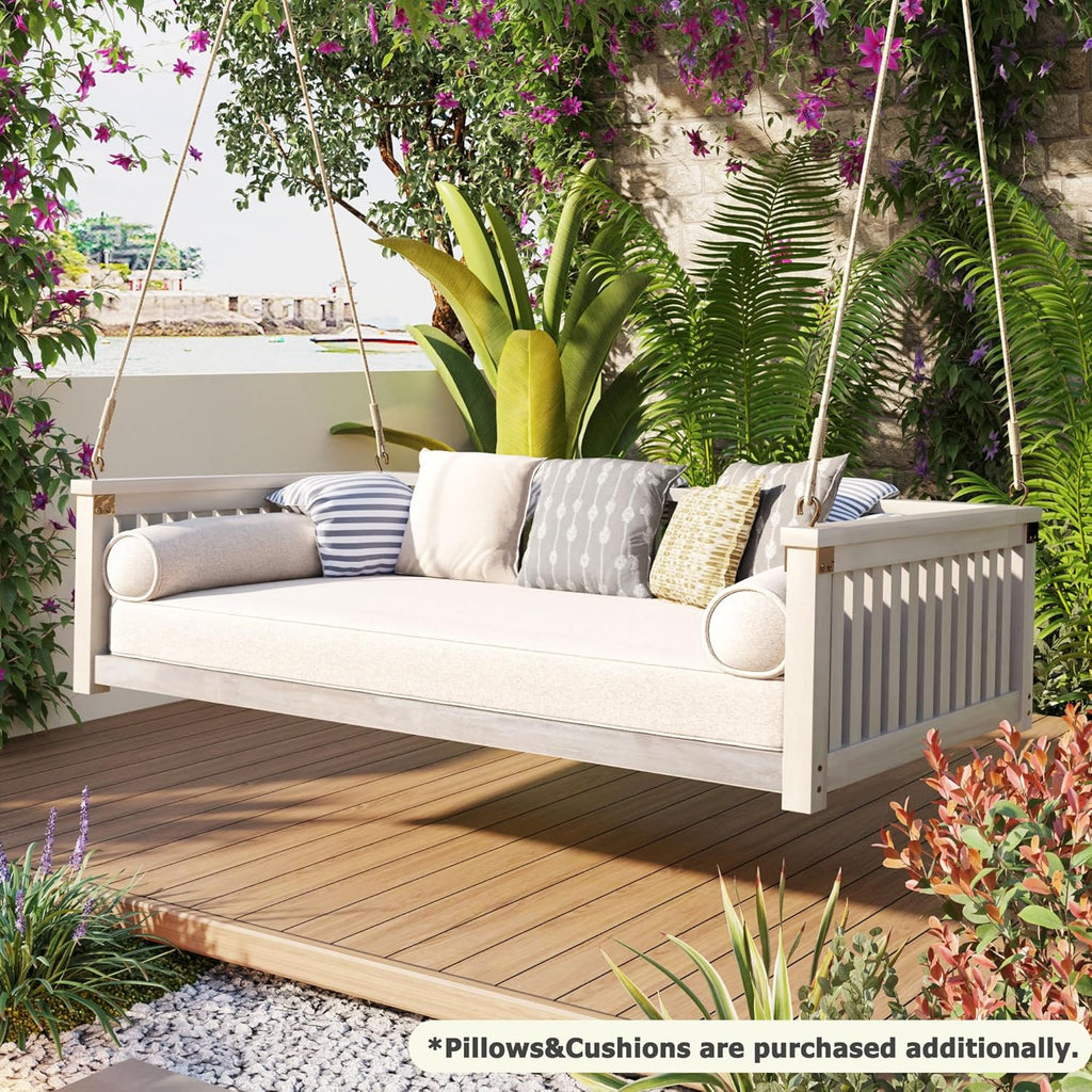 Patio Swing Bed, Twin Size Acacia Wood Porch Swing | Acacia wood frame, twin mattress fit, sloped seat design, 350 lb