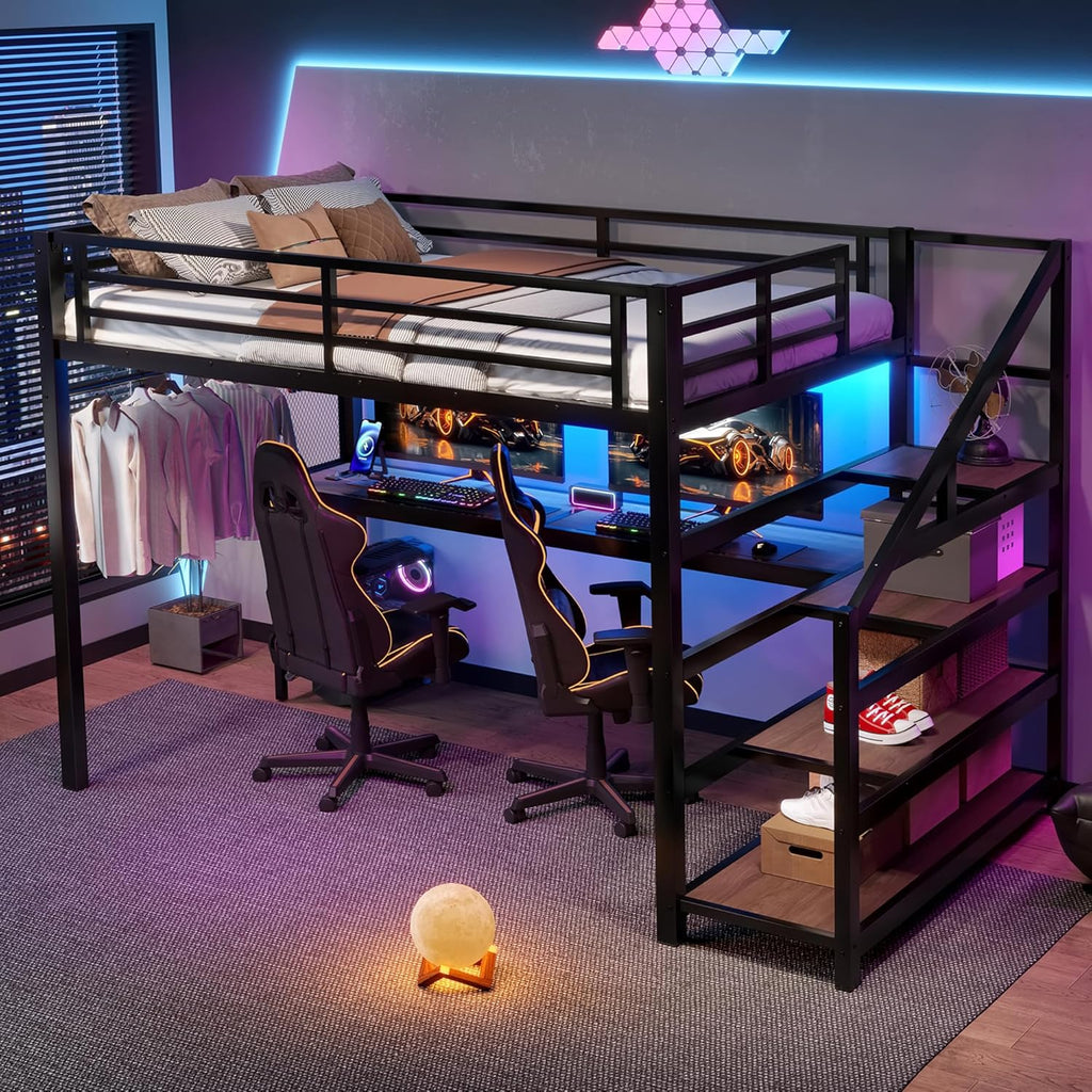 Full Loft Bed with Desk & Storage Stairs, Metal Full Loft Bed Frame with Iron Nets, LED Lights & USB Ports