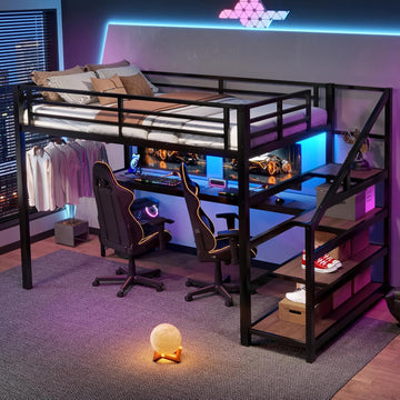 Full Loft Bed with Desk & Storage Stairs, Metal Full Loft Bed Frame with Iron Nets, LED Lights & USB Ports