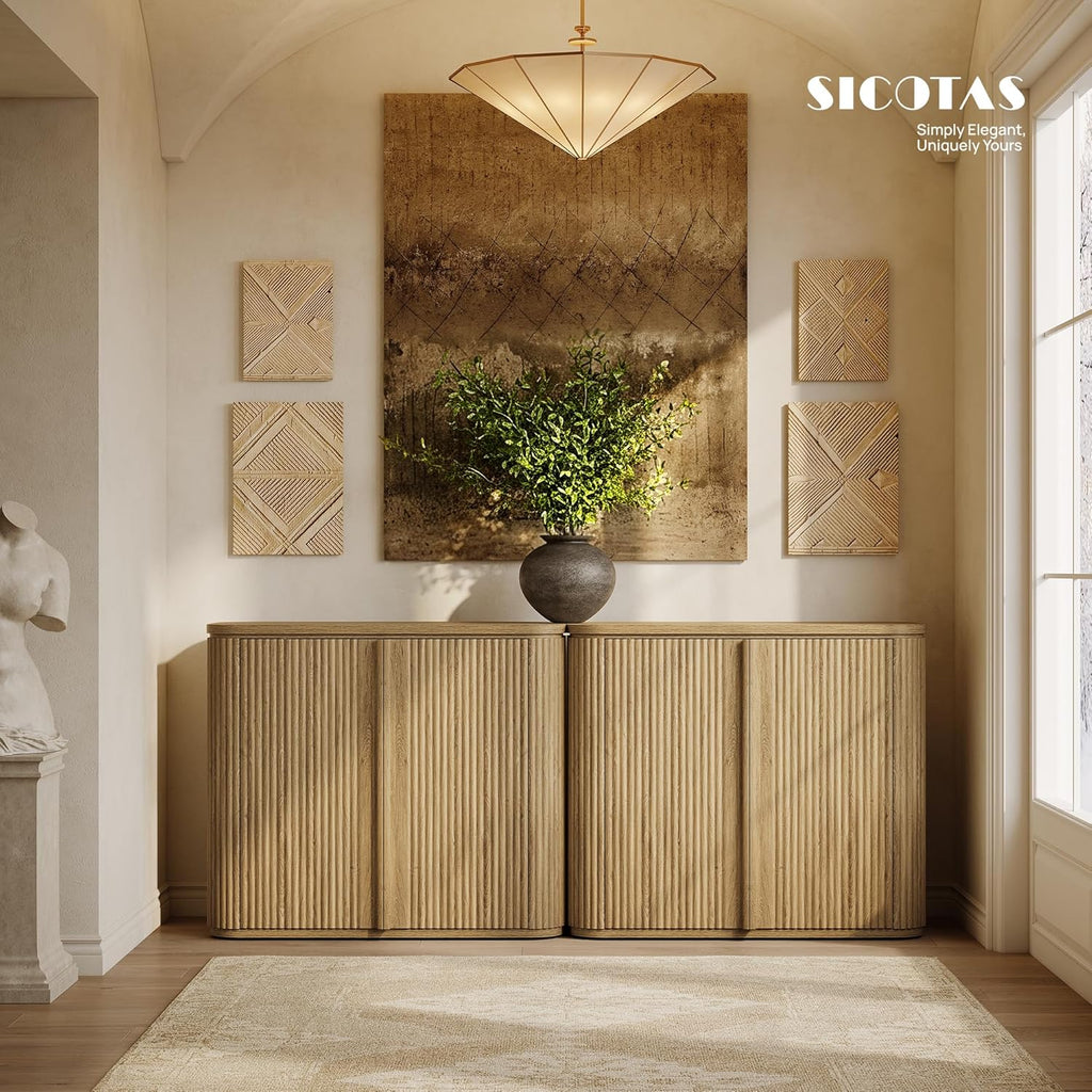 Fluted Sideboard Buffet Cabinet with Storage, Modern Credenza with Solid Wood Handle