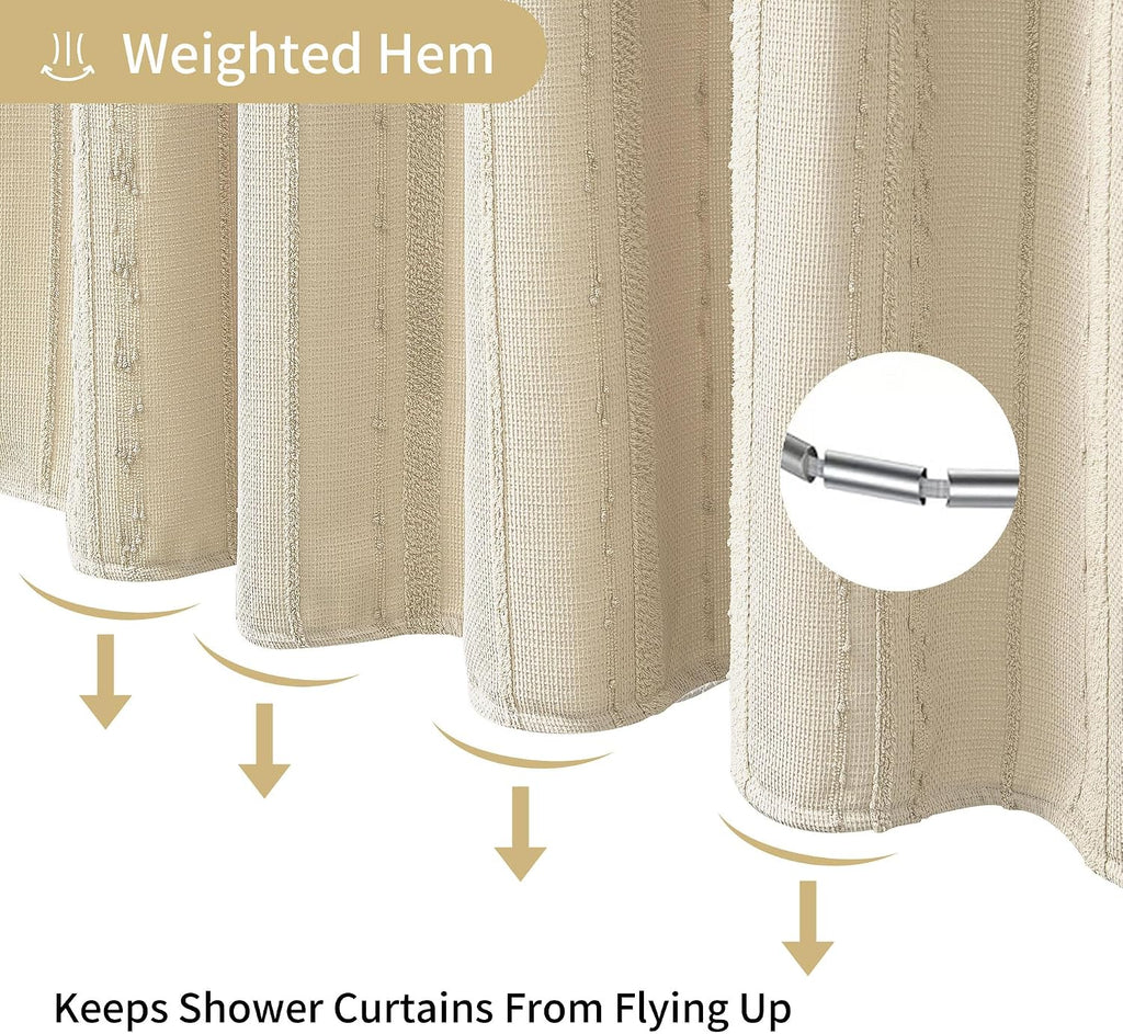 Beige Shower Curtain Boho, 72 x 72 Cotton Blend Waffle Weave Stripe Textured Heavy Duty, Fabric Shower Curtain