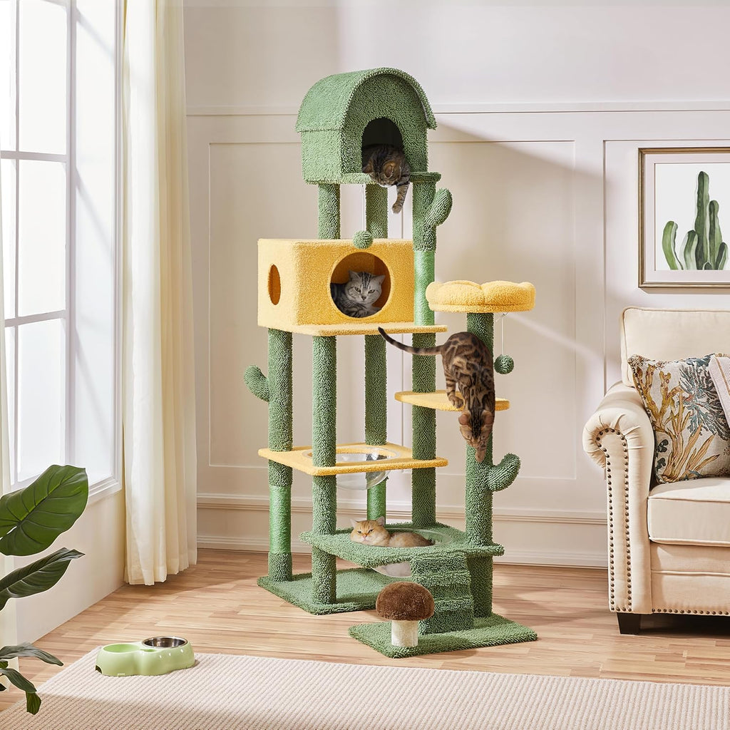 68.5in Tall Cactus Cat Tree, Multi-Level Tower with 2 Large Condos, Scratching Posts, 2 Acrylic Clear Bowls