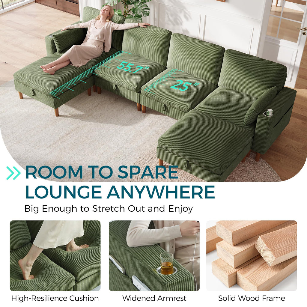 142" Modular Sectional Sofa with Storage, 4-Seat Cloud Couch with 2 Movable Ottoman & 2 Pillows, Corduroy Deep Seat