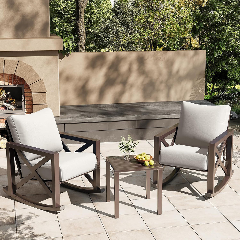 Rocking Chair Outdoor Set 2 w/Coffee Table, 3 Pc Metal Bistro Set | Metal Rocking 6.5" Water-Resistant Cushions