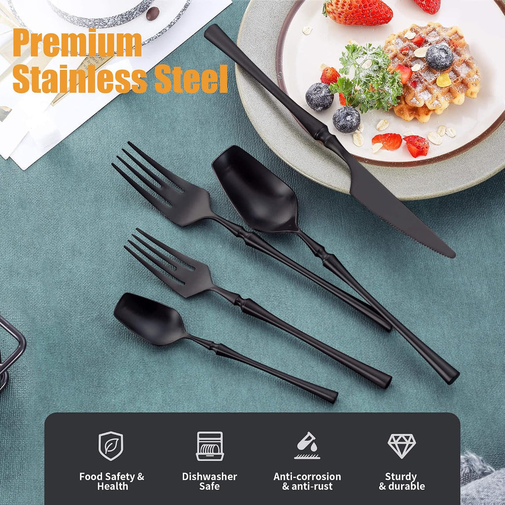 20-Piece Matte Black Silverware Set for 4,Modern 18/10 Stainless Steel Flatware Set,Unique Rustic Cutlery Utensils Set