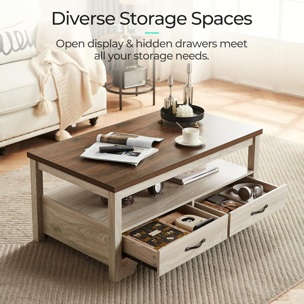 Farmhouse Coffee Table with Storage, Wood Coffee Table, Open Display Area and Storage Drawers with Metal Handles