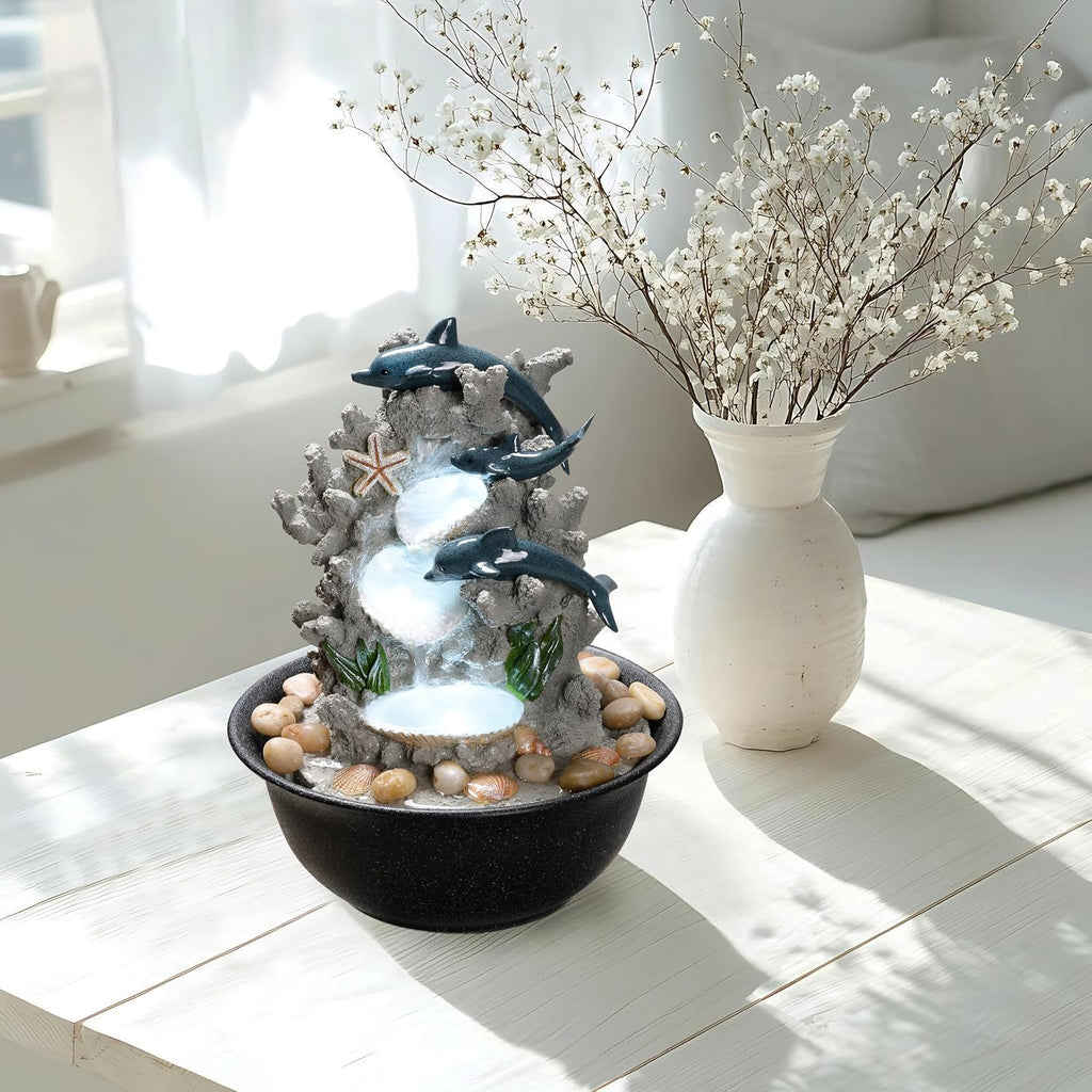 Indoor Tabletop Dolphin Water Fountain with LED Light - Ocean Theme Desk Decor and River Rocks, Relaxing Sound
