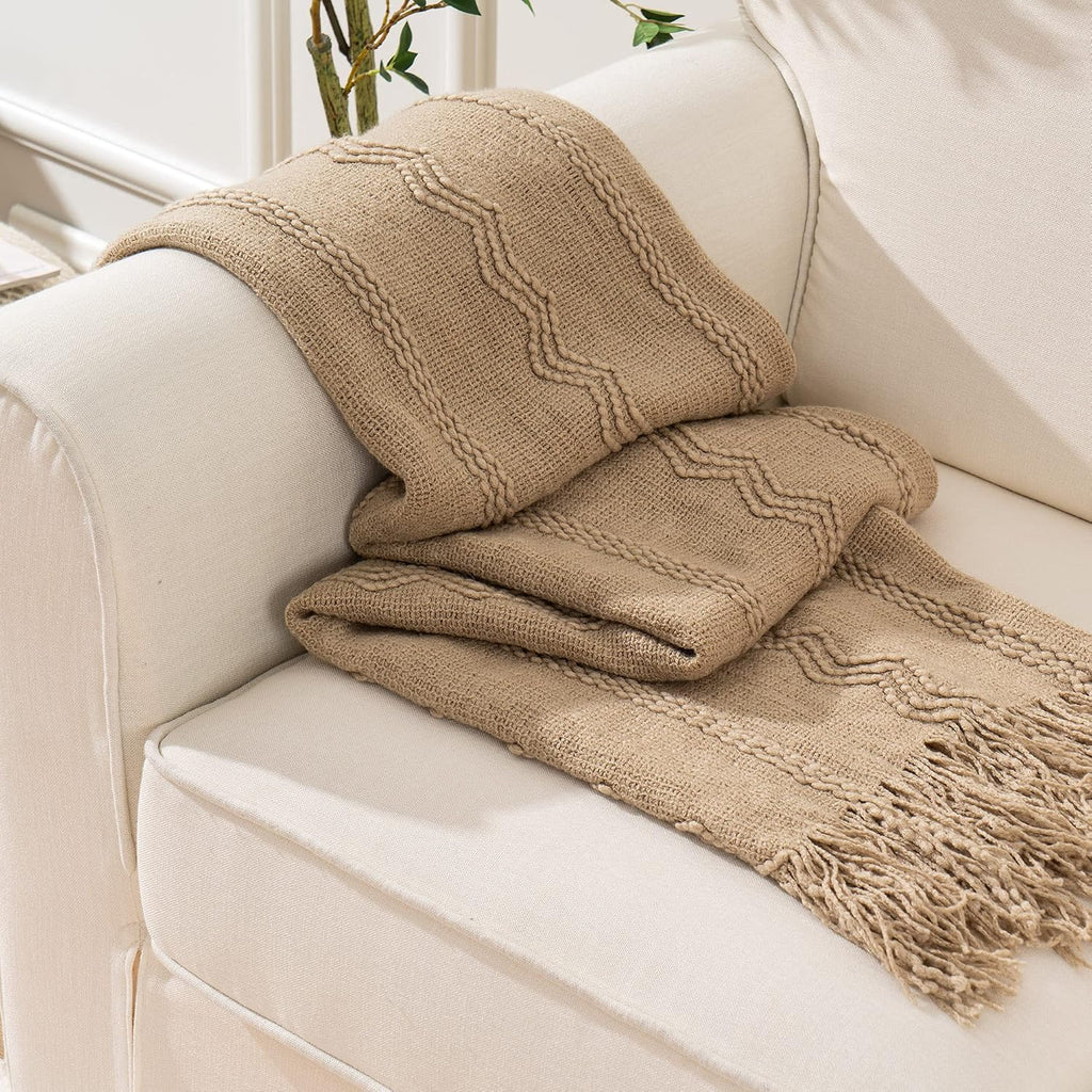 Boho Farmhouse Throw Blanket, 50x60 Tan Taupe Living Room Decor