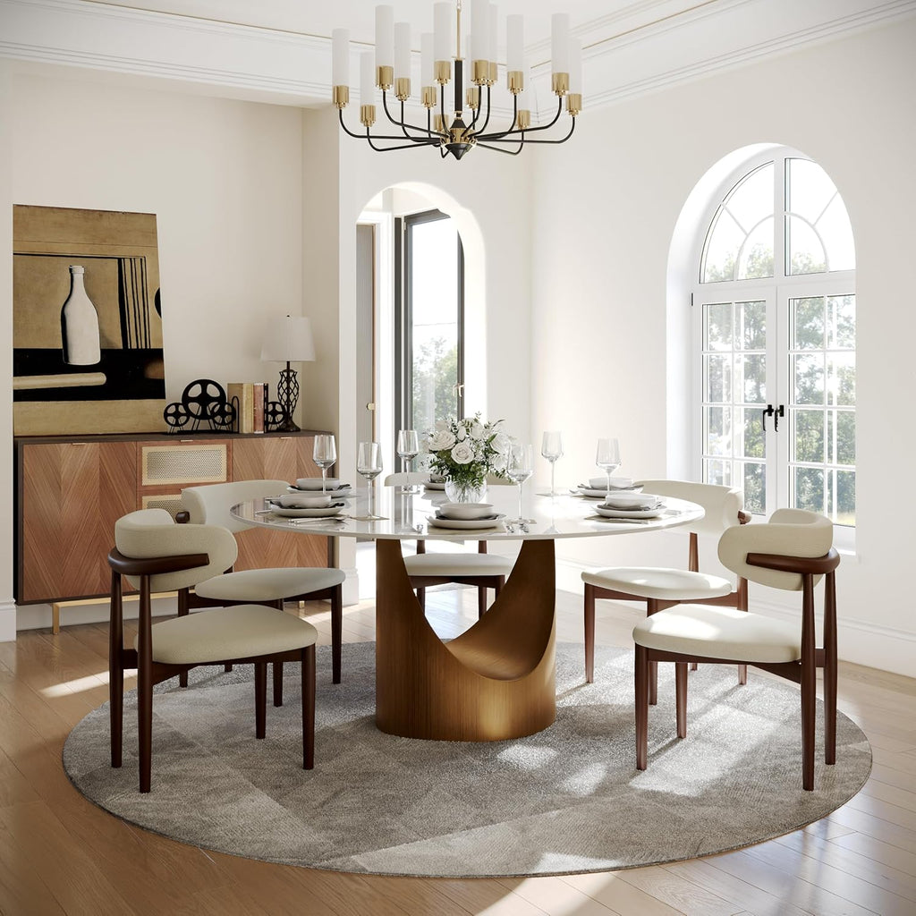 59" Round Dining Table for 6, Glossy White Sintered Stone Dining Tabletop with Bronze Carbon Steel Pedestal, Modern