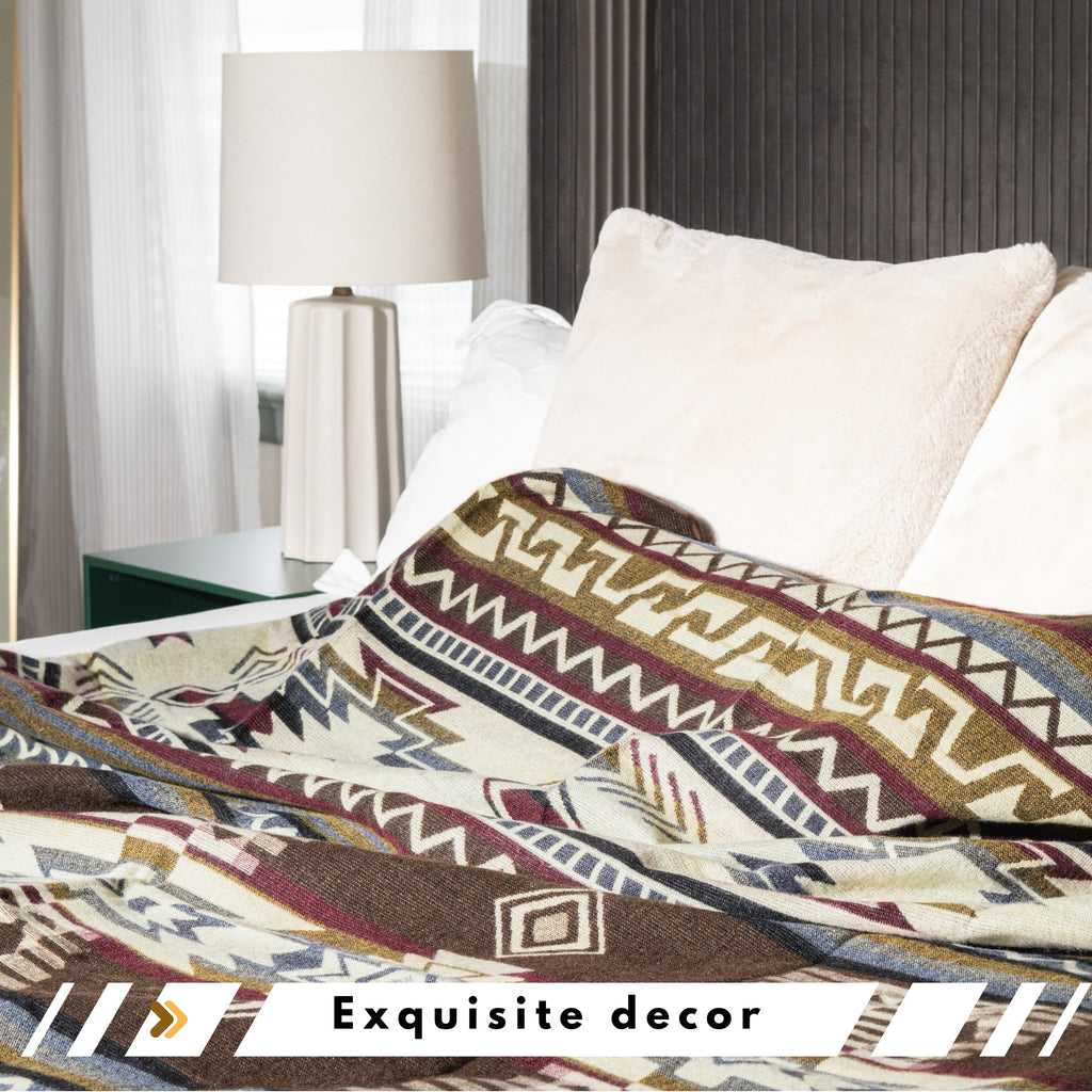 Wool Throw Blanket, Native Design Wool Blanket, Throw Aztec Pattern Alpaca Wool Throw Blanket (Brown, Throw 78"x48")