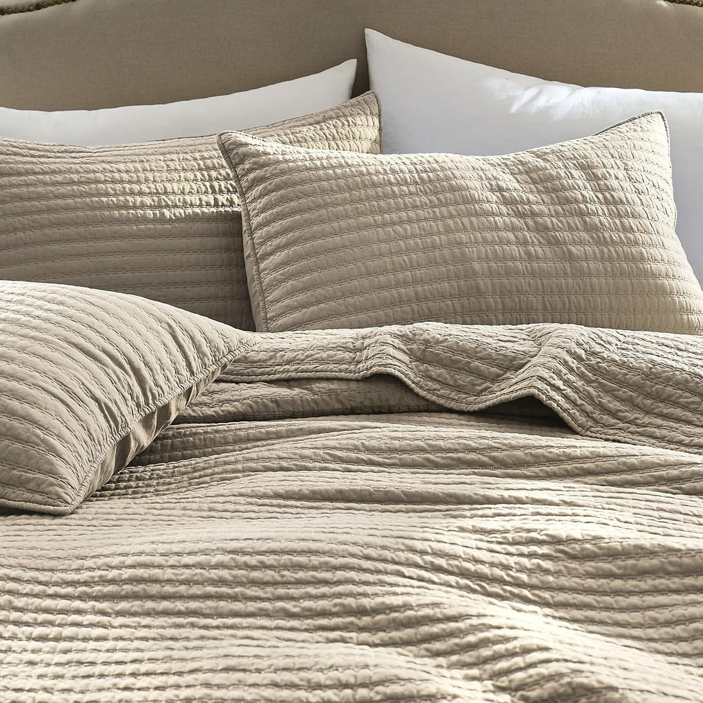 100% Cotton Quilt Set - Beige Neutral Striped Pick Stitch Soft Lightweight Bedspread, Textured Like Linen