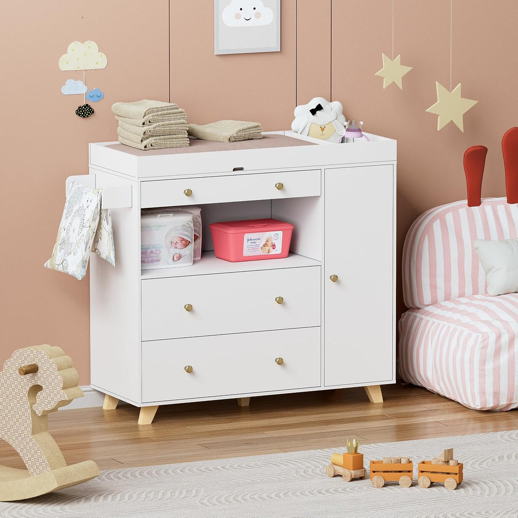 Baby Changing Table, Modern Diaper Changing Station, Changing Table with 2 Drawers & Shelves White
